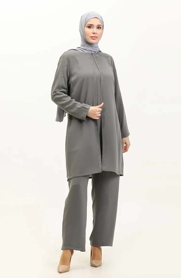 Großer Abendkleid-Anzug Mit Steinmuster 6121-05 Grau 6121-05