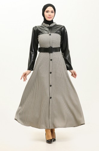 Goose Feet Patterned Dress Khaki 7783 555