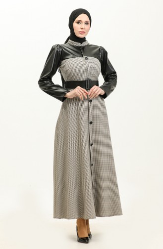 Goose Feet Patterned Dress Khaki 7783 555