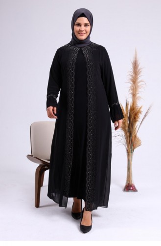 Women`s Large Size Stoned And Pearl Patterned Sleeves Pleated Mother Hijab Evening Dress Set 4578 Black 4578.siyah