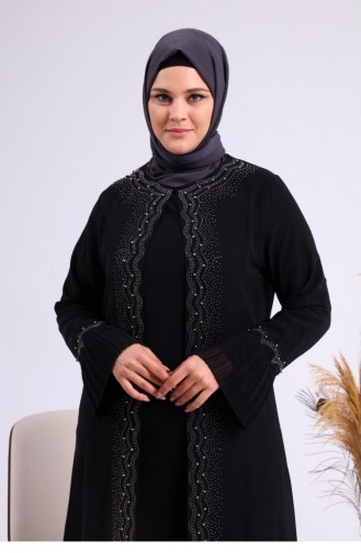 Women`s Large Size Stoned And Pearl Patterned Sleeves Pleated Mother Hijab Evening Dress Set 4578 Black 4578.siyah