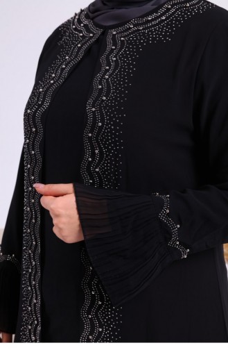 Women`s Large Size Stoned And Pearl Patterned Sleeves Pleated Mother Hijab Evening Dress Set 4578 Black 4578.siyah