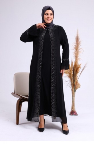 Women`s Large Size Stoned And Pearl Patterned Sleeves Pleated Mother Hijab Evening Dress Set 4578 Black 4578.siyah