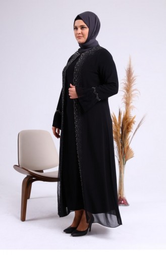 Women`s Large Size Stoned And Pearl Patterned Sleeves Pleated Mother Hijab Evening Dress Set 4578 Black 4578.siyah