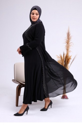 Women`s Large Size Stoned And Pearl Patterned Sleeves Pleated Mother Hijab Evening Dress Set 4578 Black 4578.siyah