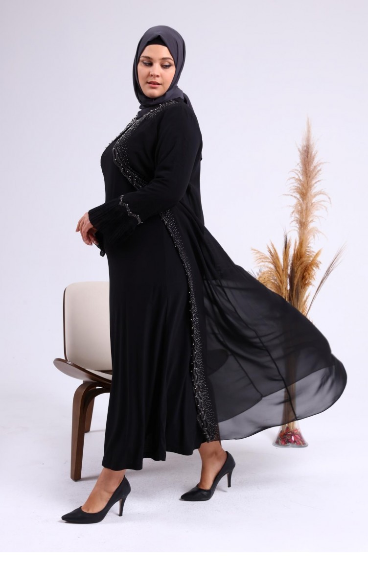 Robe De Soiree Plissee Pour Femmes Grande Taille Manches a Motifs Lapides Et Perles Hijab Pour Mere Ensemble 4578 Noir 4578.siyah Sefamerve