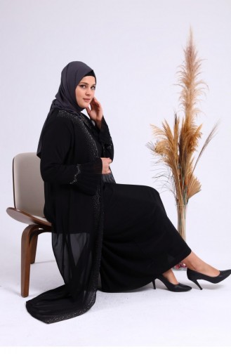 Women`s Large Size Stoned And Pearl Patterned Sleeves Pleated Mother Hijab Evening Dress Set 4578 Black 4578.siyah