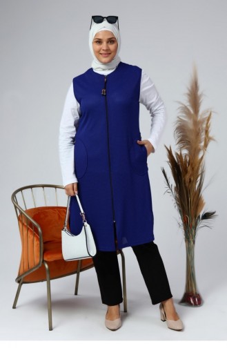 Women`s Large Size Honeycomb Fabric Pocketed Zippered Buttoned Vest 4994 Saks Blue 4994.Saks Mavisi