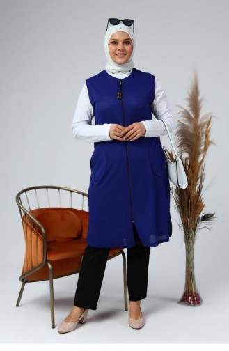 Women`s Large Size Honeycomb Fabric Pocketed Zippered Buttoned Vest 4994 Saks Blue 4994.Saks Mavisi