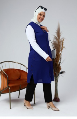 Women`s Large Size Honeycomb Fabric Pocketed Zippered Buttoned Vest 4994 Saks Blue 4994.Saks Mavisi