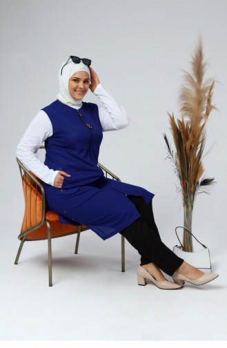 سترة نسائية كبيرة الحجم مصنوعة من نسيج قرص العسل مع جيوب وأزرار 4994 Saks Blue 4994.Saks Mavisi