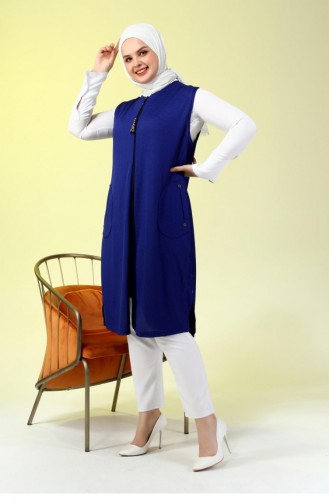 Women`s Large Size Honeycomb Fabric Pocketed Zippered Buttoned Vest 4994 Saks Blue 4994.Saks Mavisi
