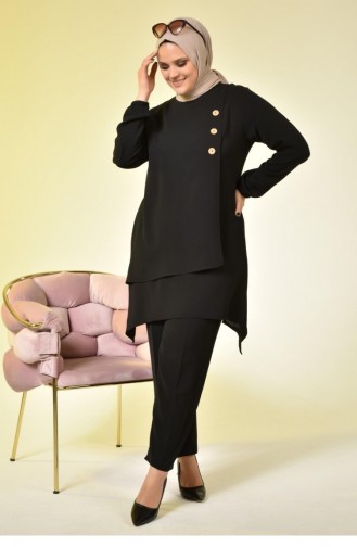 Women`s Large Size Buttoned Double Hijab Tunic Suit 5079 Black 5079.siyah
