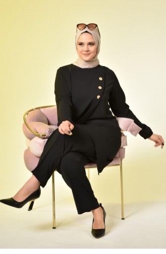 Großer Damen-Hijab-Tunika-Anzug Mit Knöpfen Doppelt 5079 Schwarz 5079.siyah