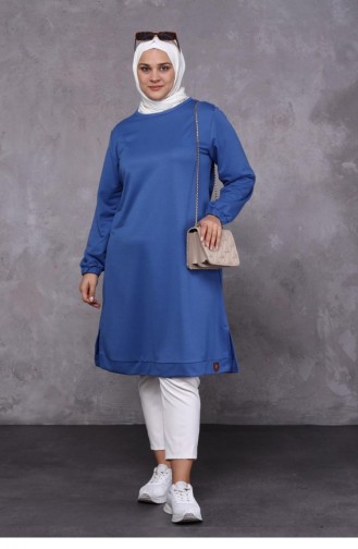 Women`s Large Size Two Thread Combed Cotton Long Hijab Tunic 8142 Indigo 8142.İndigo