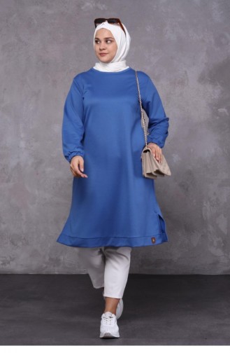 Women`s Large Size Two Thread Combed Cotton Long Hijab Tunic 8142 Indigo 8142.İndigo