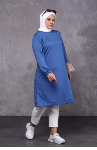 Lange Hijab-Tunika Aus Zweifädig Gekämmter Baumwolle Für Damen In Großer Größe 8142 Indigo 8142.İndigo