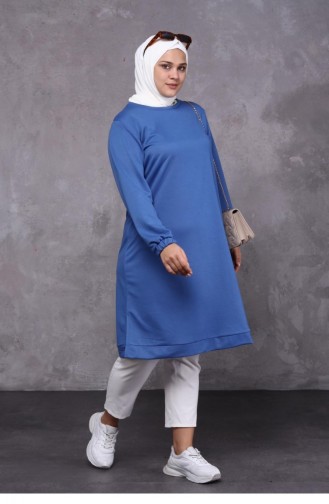 Women`s Large Size Two Thread Combed Cotton Long Hijab Tunic 8142 Indigo 8142.İndigo