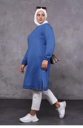 Lange Hijab-Tunika Aus Zweifädig Gekämmter Baumwolle Für Damen In Großer Größe 8142 Indigo 8142.İndigo