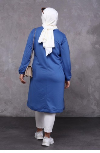 Women`s Large Size Two Thread Combed Cotton Long Hijab Tunic 8142 Indigo 8142.İndigo