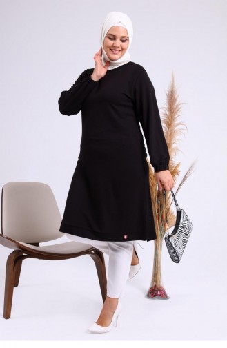 Lange Hijab-Tunika Aus Zweifädig Gekämmter Baumwolle Für Damen Große Größe 8142 Schwarz 8142.siyah