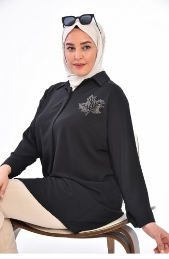 Kadın Büyük Beden Yaprak Baskılı Gömlek Tunik 8171 Siyah