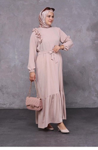 Women`s Large Size Hijab Shoulder Ruffle Dress 8207 Mink 8207.vizon