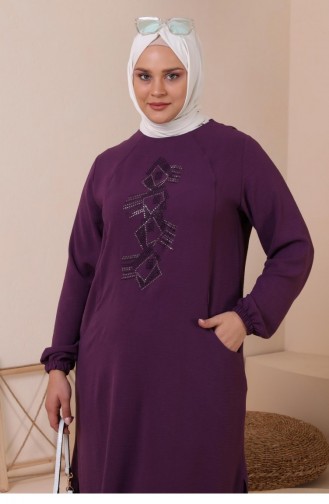 Women`s Large Size Bottom Top Set With Pockets And Stone Embroidery 8250 Plum 8250.Mürdüm