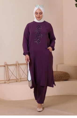 Women`s Large Size Bottom Top Set With Pockets And Stone Embroidery 8250 Plum 8250.Mürdüm