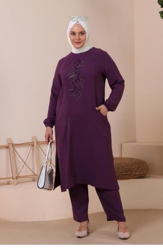 Women`s Large Size Bottom Top Set With Pockets And Stone Embroidery 8250 Plum 8250.Mürdüm