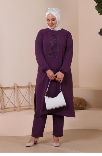 Women`s Large Size Bottom Top Set With Pockets And Stone Embroidery 8250 Plum 8250.Mürdüm
