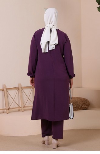 Women`s Large Size Bottom Top Set With Pockets And Stone Embroidery 8250 Plum 8250.Mürdüm