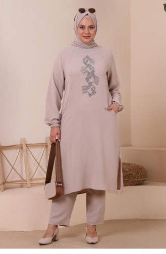Women`s Large Size Bottom Top Set With Pockets And Stone Embroidered 8250 Stone 8250.Taş