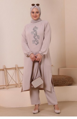 Women`s Large Size Bottom Top Set With Pockets And Stone Embroidered 8250 Stone 8250.Taş