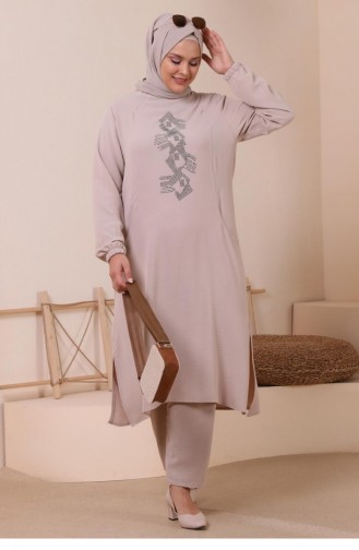 Women`s Large Size Bottom Top Set With Pockets And Stone Embroidered 8250 Stone 8250.Taş