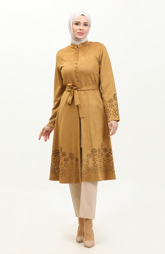 Laser Cut Detailed Suede Cape Mustard K60 559