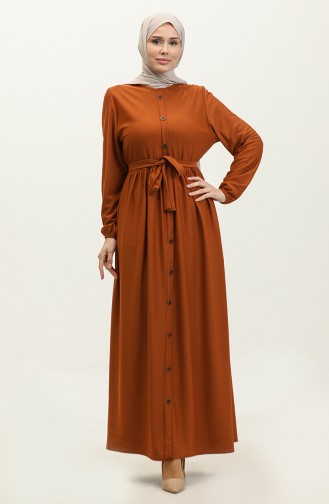 Button Detailed Belted Dress 7878-11 Tan 7878-11