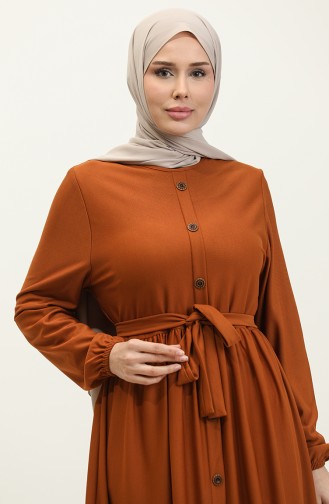 Kleid Mit Knopfdetail Und Gürtel 7878-11 Hellbraun 7878-11