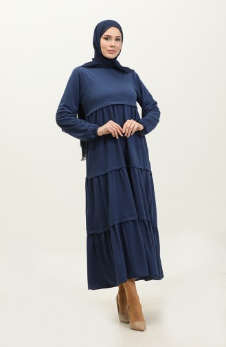 Plain Dress with Elastic Sleeves 8888-04 İndigo 8888-04