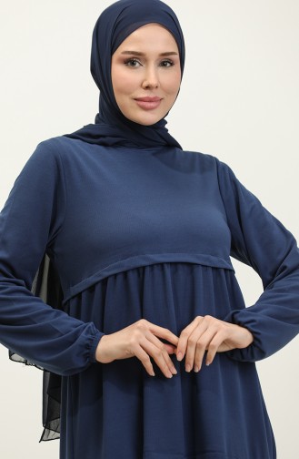 Plain Dress with Elastic Sleeves 8888-04 İndigo 8888-04