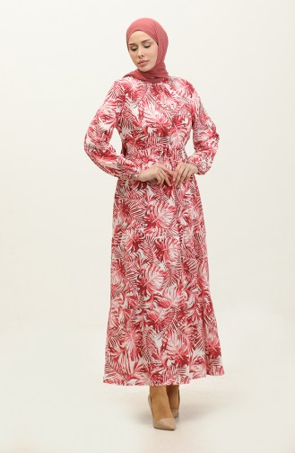 Palm Patterned Viscose Dress 0231-07 Pomegranate Flower 0231-07