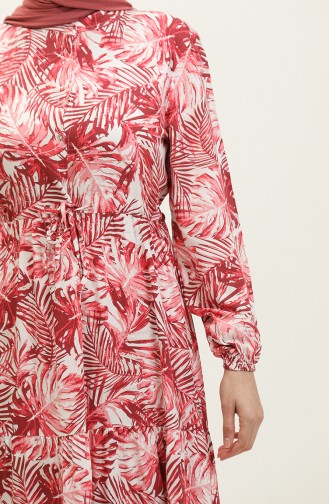 Palmiye Desenli Viskon Elbise 0231-07 Nar Çiçeği
