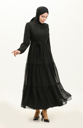 Kemerli Şifon Elbise 5725-09 Siyah