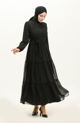 Belted Chiffon Dress 5725-09 Black 5725-09