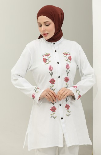 Şile Stoffen Geborduurde Blouse 0016-05 Wit 0016-05