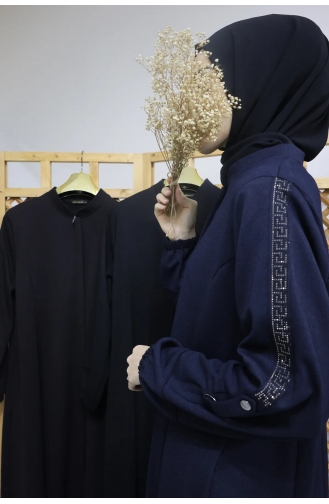 İhya Tekstil Versace Model Abaya With Stone Sleeves KKTVMF44-03 Navy Blue 44-03