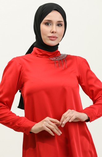 Stone Detailed Short Blouse Red T1655 732