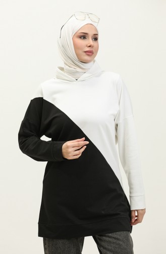 Kapüşonlu Sweatshirt 23128-01 Siyah Ekru