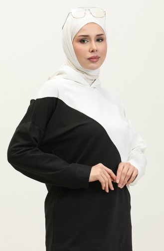 Kapüşonlu Sweatshirt 23128-01 Siyah Ekru