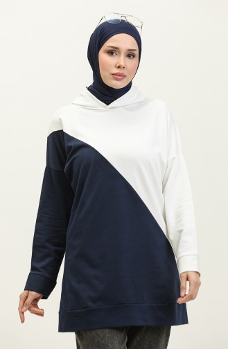 Kapüşonlu Sweatshirt 23128-02 Lacivert Ekru